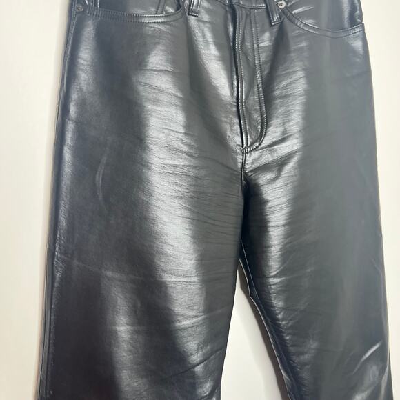 AGOLDE 90`s Pinch Waist Recycled Leather Straight Leg Black Womens Size 28 - Picture 13 of 16
